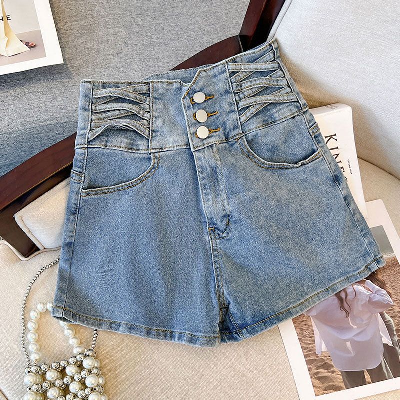 Buttoned Denim Shorts for Women, Super Popular on Instagram, with Cross Design, High Waist, A-Line, Stretchy, Slim Fit, Straight Wide-Leg Hot Pants