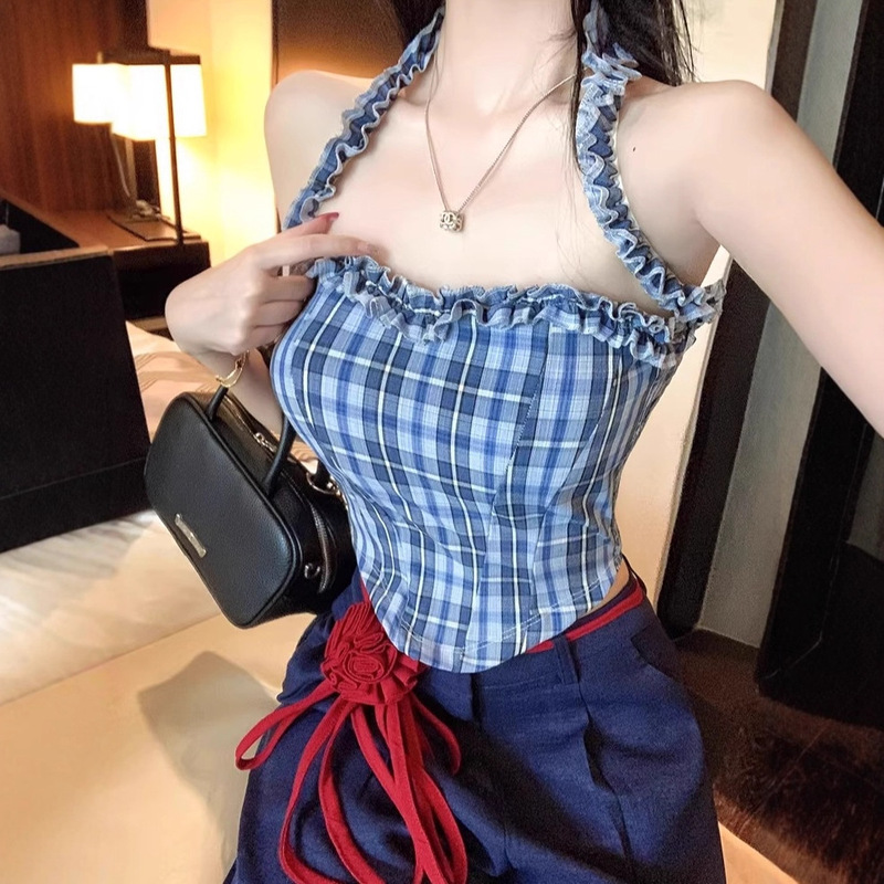 Pure Desire Hot Girl Plaid Halter Neck Camisole Women's Summer New Thai Style One-Shoulder Sexy Outerwear Tube Top