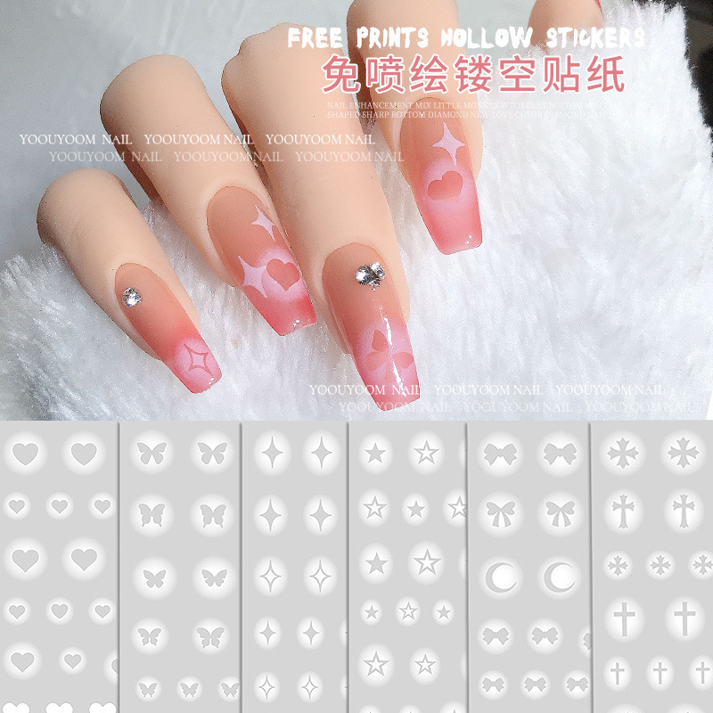 Nail art free spray painting hollow nail stickers net red new white halo semi-transparent butterfly stars love stickers wholesale