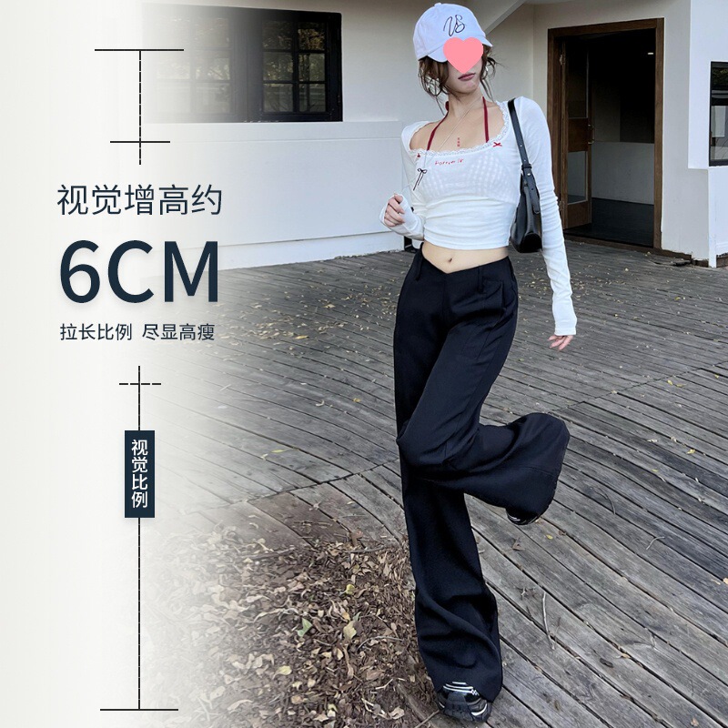 女性用のドレープ感のある黒のパンツ、夏用のローウエストV字型のゆったりとしたスリムなアメリカンスタイルのカジュアルパンツ|undefined