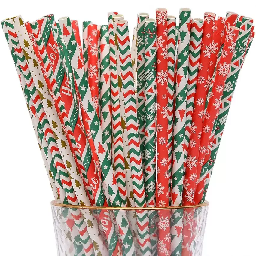 圣诞节纸吸管 圣诞老人圣诞树派对装饰吸管一次性可降解饮料吸管