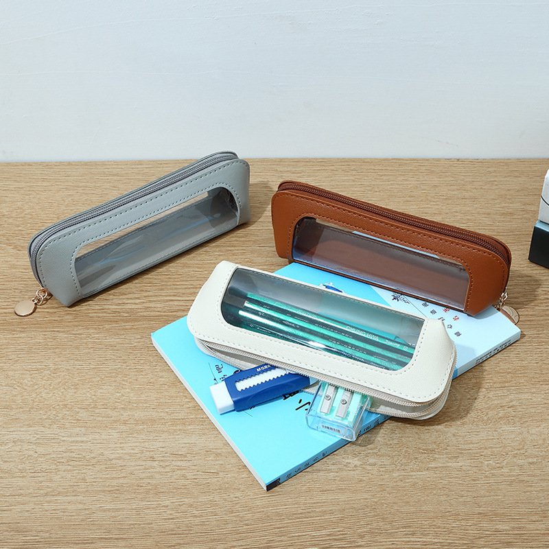 现货韩版大容量学生笔袋便携PU皮拉链笔盒防水透明手写笔签字笔袋