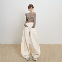 YECHUAN#弯刀高腰牛仔裤女2025年冬季美式宽松显瘦杏色镰刀阔腿裤