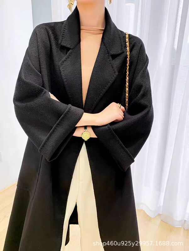 ウォーターリップル両面カシミヤコート女性のロングヘップバーンスタイルレースアップウールコート気質ラペル|undefined