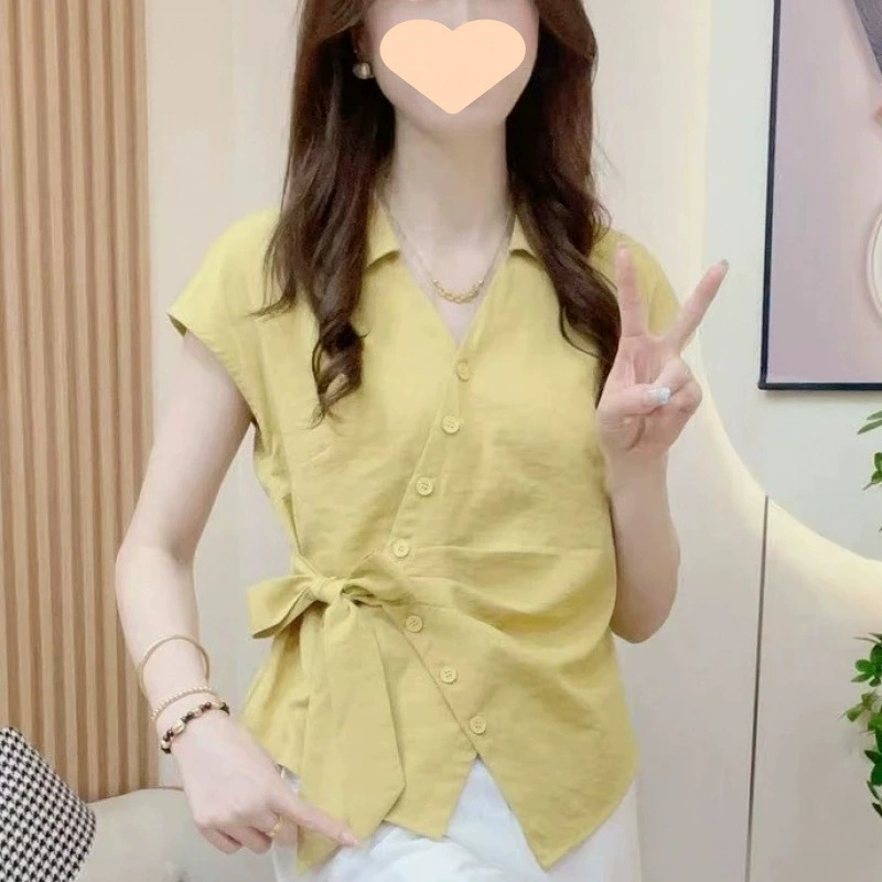 2025 элегантная летняя новая рубашка на шнуровке с поясом, дизайн, утягивающая рубашка с короткими рукавами, уменьшающая возраст, универсальные топы с короткими рукавами