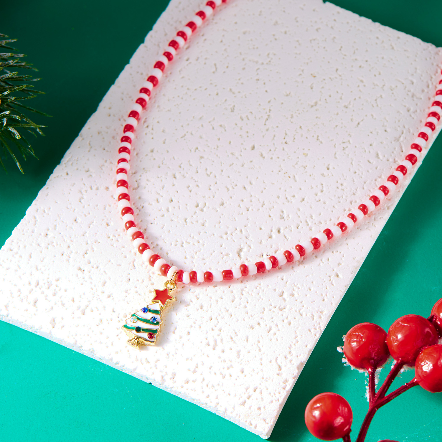 nouveau collier de perles fait main à la mode et polyvalent collier de perles de riz de sapin de Noël Père Noël femme_voghion.com