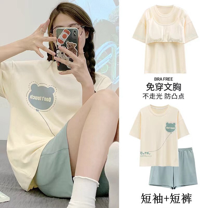 Pajamas with Breast Pads, Summer Short-Sleeved, Can Be Worn Outside, Home Wear Two-Piece Set, 2025 New Summer Cartoon Girl Style