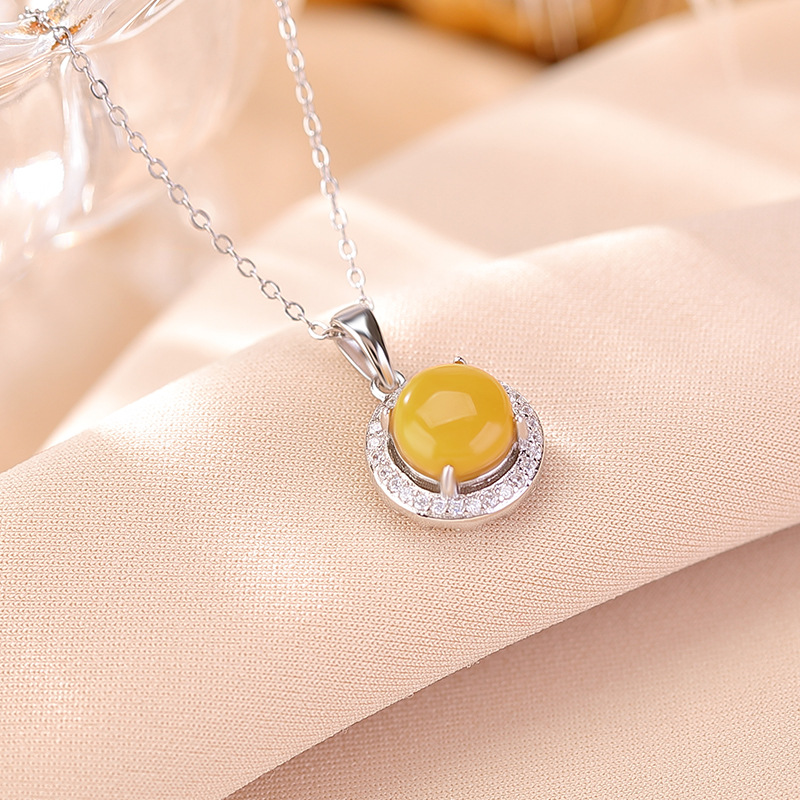 Mặt dây chuyền bạc S925 mạ vàng sáp ong viền zircon hình tròn phong cách hoang dã — Bạc (mặt dây chuyền đơn)
