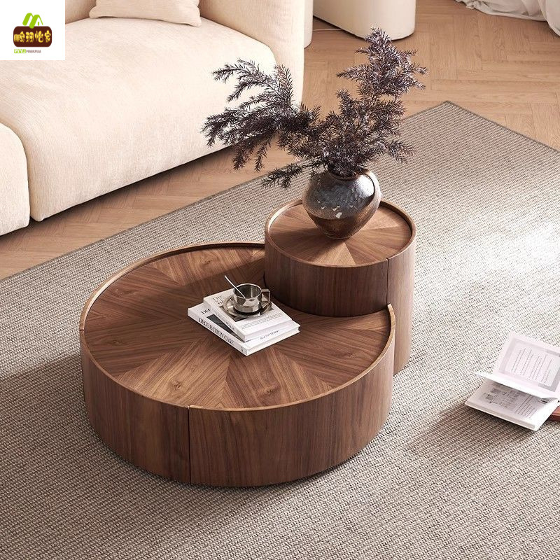New Chinese style round walnut color designer creative light luxury living room home high-end wabi-sabi tea table combination