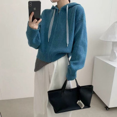 设计感蕾丝抽绳拉链连帽毛衣开衫宽松秋季新款小个子短款针织外套