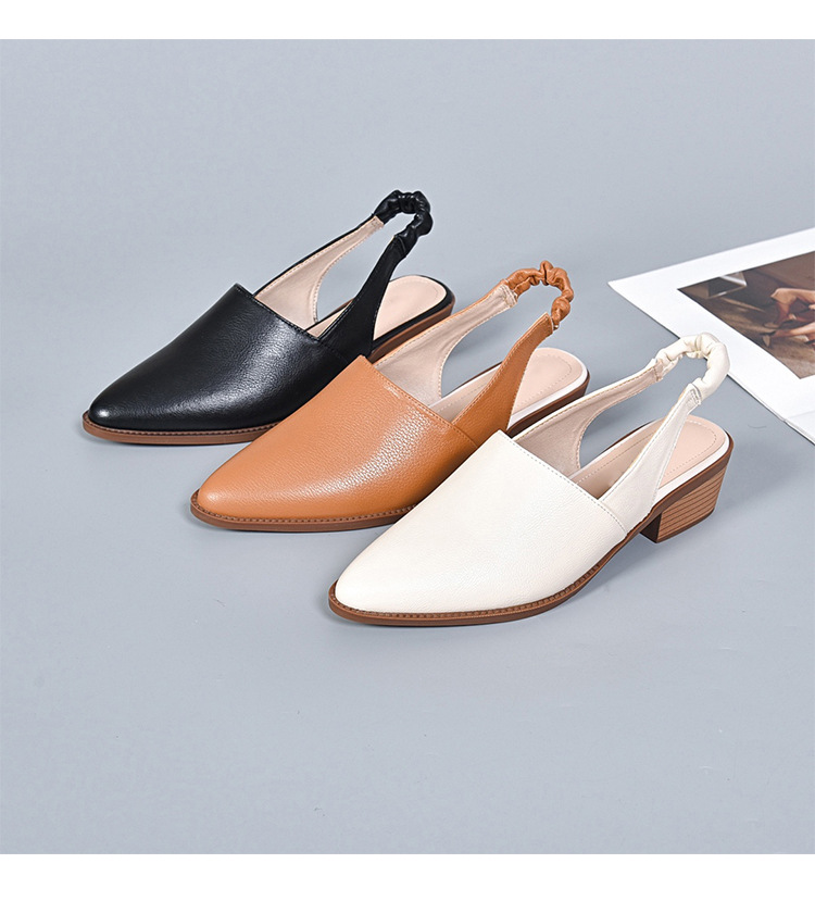 Dép sandal nữ da thật mũi nhọn gót trung bình quai chữ V — Màu đen chi tiết 12