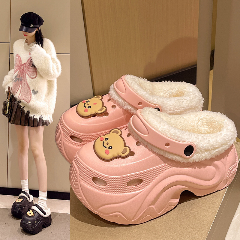 Winter Super Thick fleece-lined Thick-soled Women's High Heel Cotton Hole Shoes Cartoon Indoor and Outdoor Two-wear Slip-on Cotton Slippers