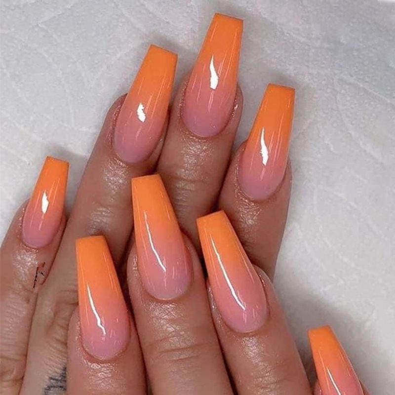 Cross-border ins Style Trapezoidal Long Gradient Orange Press Nail Art Gentle Pure Style Ballet Trapezoidal Fake Nail Piece
