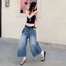 包邮美式复古牛仔裤夏季设计感高腰显瘦宽松阔腿七分裤代发
