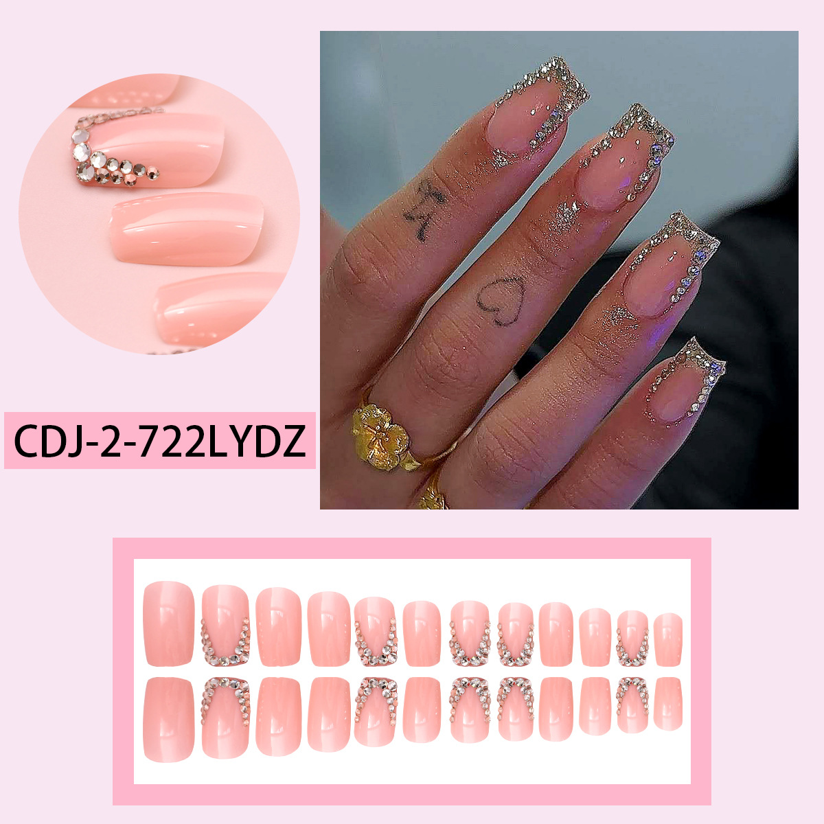 Parche de uñas de uñas con bordes de diamantes de imitación franceses