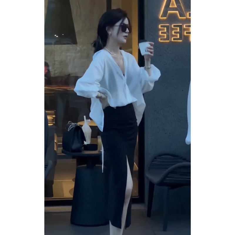공식 피겨 백 스트랩 카디건 셔츠 태양 보호 의류 올매치 플리트 스플릿 스커트 세트