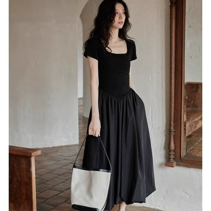 Черное платье-бутон с короткими рукавами в стиле пэчворк 2025 для женщин, летнее новое стильное элитное элегантное утягивающее шикарное платье с карманами