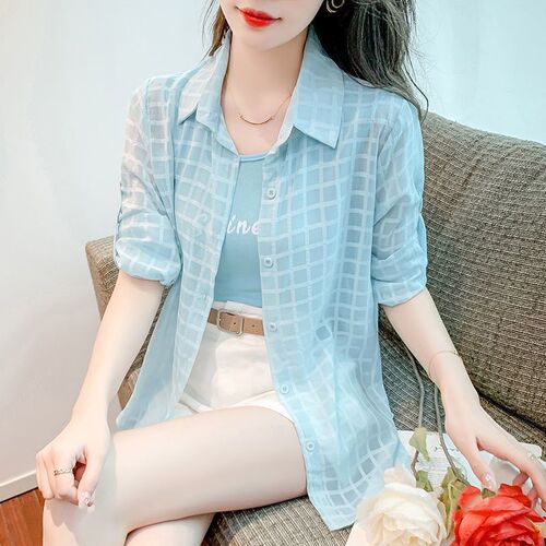 Women's Summer 2025 Loose Thin Breathable Casual Long-Sleeve Checkered Medium-Length Open Cardigan for Outerwear