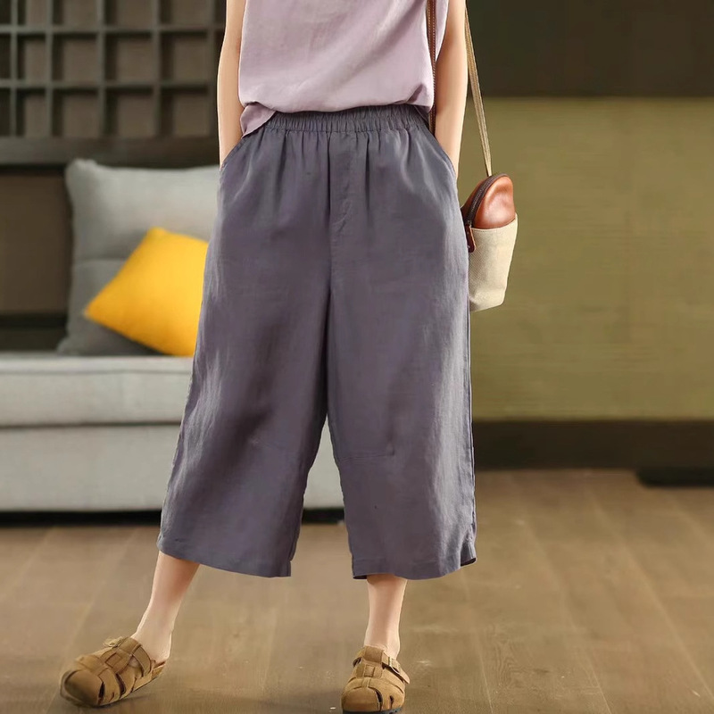 2025 Retro Sand-Washed Linen Petite Straight Pants Women's Elastic Waist Slimming Cropped Pants Artistic Wide-Leg Pants Summer