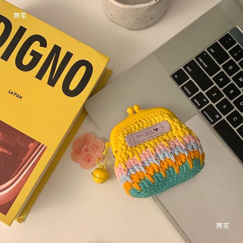 Wool Crochet Rainbow Color Gold Bag Hand-Knitted Coin Purse DIY Material Bag Headphone Bag Gift for Best Friend