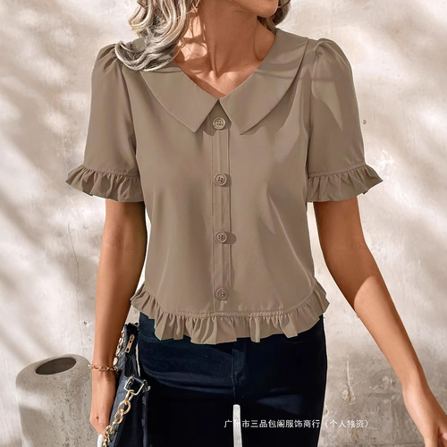 Ladies' Summer Short-Sleeve Casual Shirt Red Round Neck with Lotus Edge Cuff Button Top