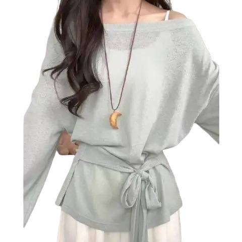 Korean-style design tie-waist long-sleeve T-shirt for women, summer thin version sunscreen cover-up, elegant off-shoulder and diagonal shoulder top