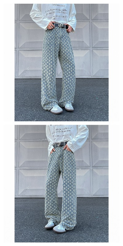 Men's Blue Jacquard Pattern Straight Jeans Flared High Street_voghion.com