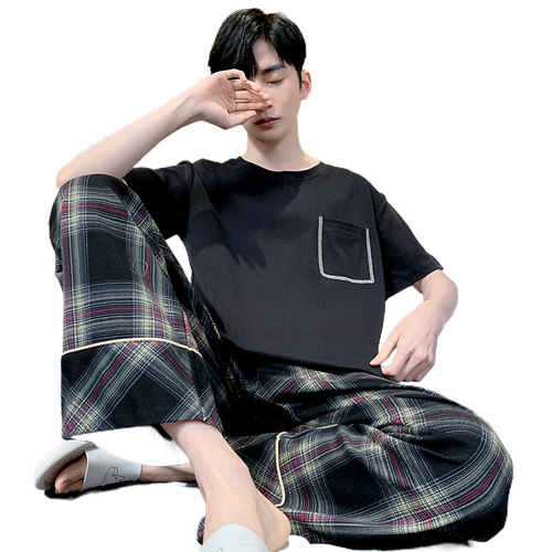 Men's Summer Short Sleeve Long Pants Simple Home Clothes Thin Cotton Men's Plus Size Youth Student Casual Pajamas