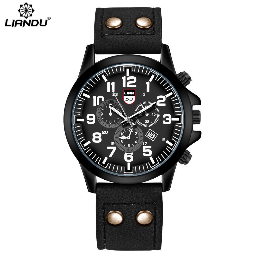 Men's Belt Quartz Watch Three Eyes Fashion Calendar Watch Double Nail PU Men's Watch Batch_voghion.com