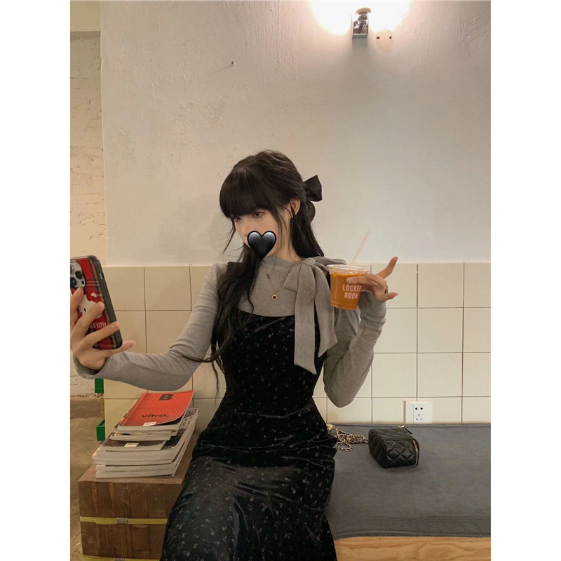 法式甜美碎花吊带裙套装女秋设计感蝴蝶结露肩上衣吊带连衣裙ins|undefined