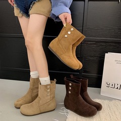 内增高5秋冬圆头短靴女2025新款软底翻毛皮博肯两穿靴子马丁靴