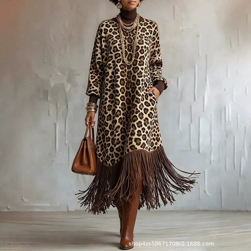 2026 New Autumn/Winter Bestseller on Amazon: European and American Style High-Neck Leopard Print Tassel Long Casual Dress 2026 New Autumn/Winter Bestseller on Amazon: European and American Style High-Neck Leopard Print Tassel Long Casual Dress