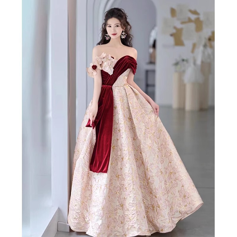 Banquet Evening Dress 2026 New French Style Off-Shoulder Elegant Waist-Cinching Long Dress Bride's Homecoming Thank-You Banquet Toast Dress