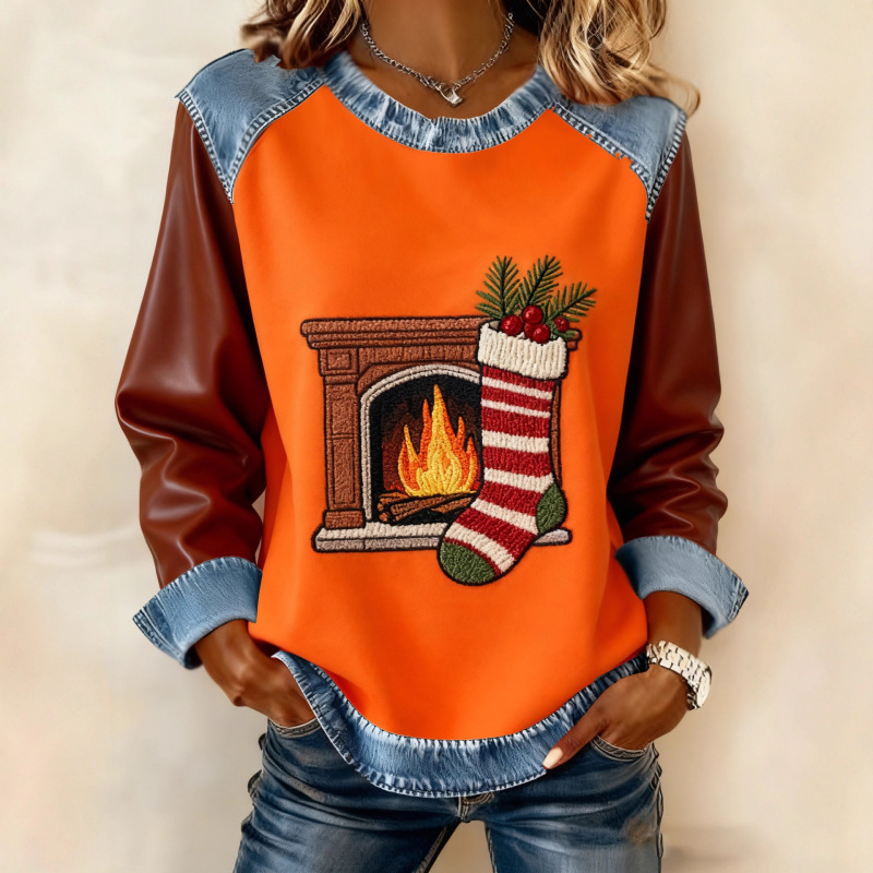 2026 Spring and Autumn New Women's Clothing Christmas Plaid Denim Collar 3D Printed Round Neck Loose Sweatshirt 2026 Spring and Autumn New Women's Clothing Christmas Plaid Denim Collar 3D Printed Round Neck Loose Sweatshirt