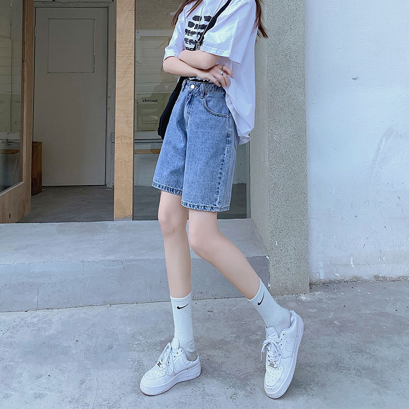 Vintage High Waist Five-point Pants Women's Loose Slimming Small Wide-leg All-match Riding Jeans Casual Straight Middle Pants