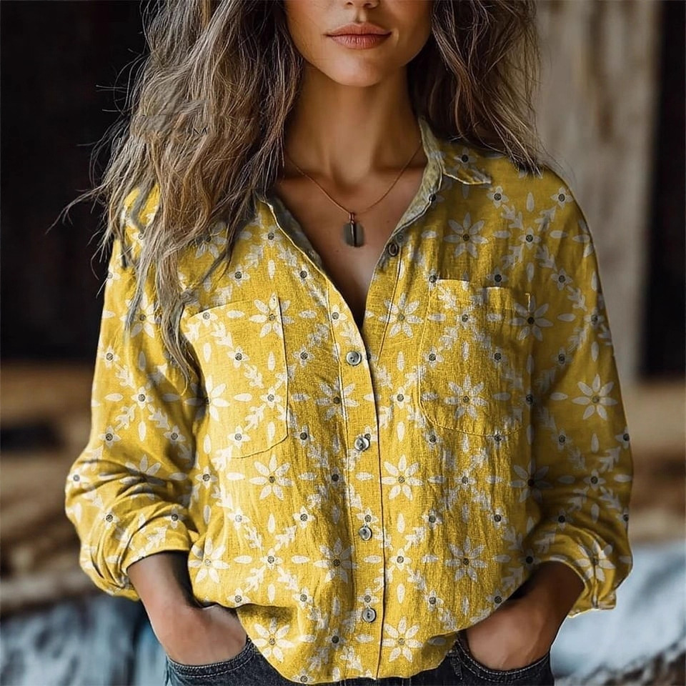 源头厂家亚马逊独立站跨境新款数码印花女士时尚大码翻领衬衫上衣