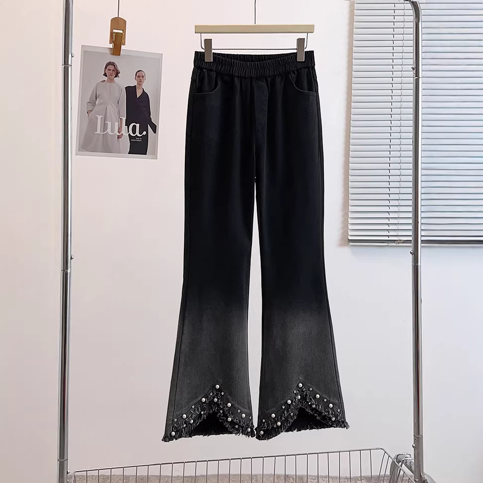 2026 Spring Stylish Elastic Slim Fit Tassel Pearl Flared Jeans Plus Size Women's Clothing 150kg Plus Size Women's Clothing
