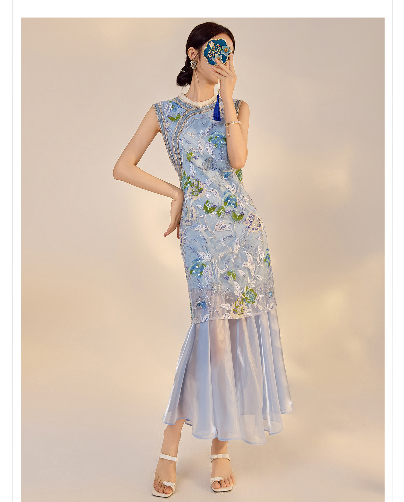 Váy sườn xám maxi thêu sequin phong cách Trung Quốc mới mùa hè N5042 — hồng, Xanh lam sông băng chi tiết 13