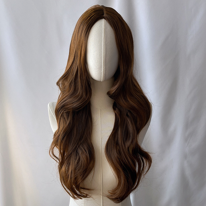 外国貿易スポットゴールドロングカーリーヘアウィッグ、クロスボーダー欧米女性用ミディアム分け目ビッグウェーブ化学繊維ヘッドギア、メーカー卸売|undefined
