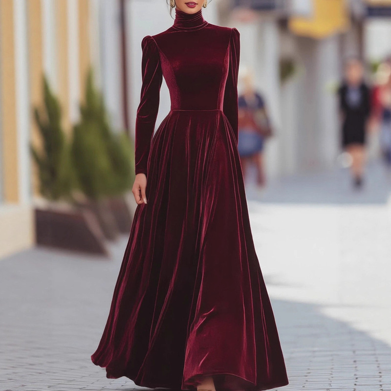 European and American Cross-Border Independent Station Foreign Trade Women's Autumn and Winter Gold Velvet High-Neck Waist-Cinching Large Skirt Elegant Long Dress