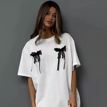 2025夏季新款立体蝴蝶结蕾丝装饰chic简约风休闲百搭短袖T恤女潮