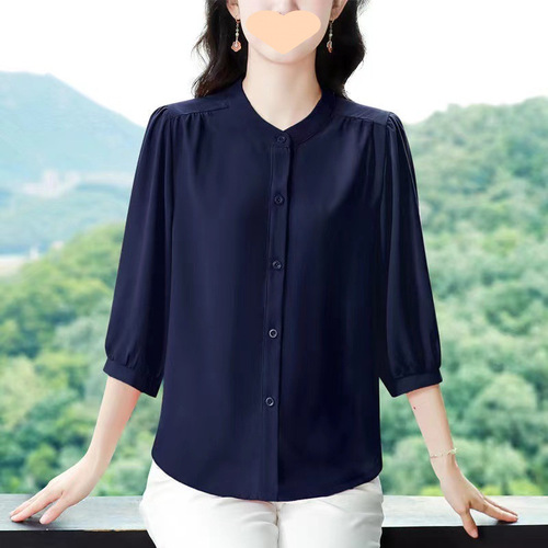 Summer Stand Collar Stylish Slimming Top Solid Color Korean Version Plus Size Mother's Dress Women's Shirt Stomach Cover