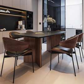 黑胡桃色实木餐桌椅组合侘寂风长方形岩板中古餐桌可伸缩餐桌