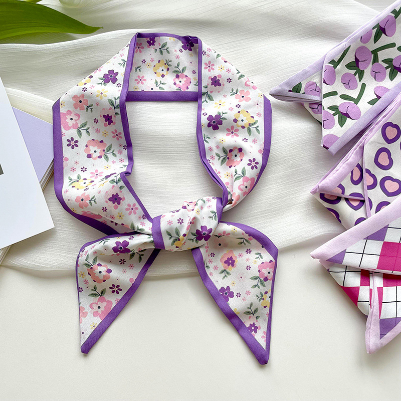 Delgada estrecha pequeña bufanda de seda de las mujeres de estilo coreano todo partido púrpura corbata floral bolsa de corbata de pelo con regalo de mano pequeña cinta de bufanda de seda
