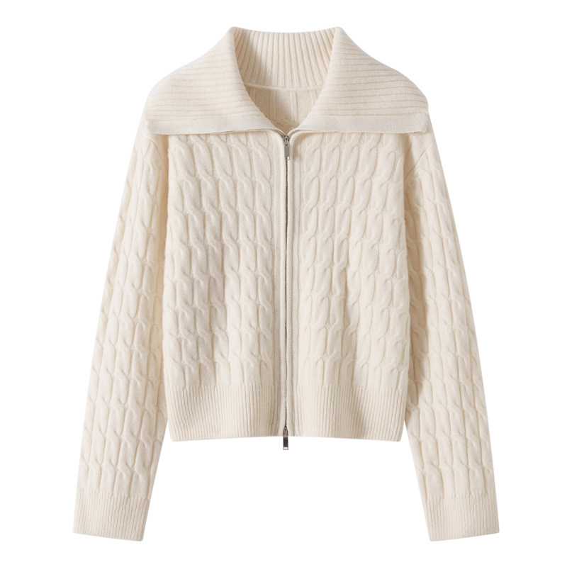 Autumn and Winter New Style Lapel Double Zipper Casual Knitted Cardigan Top Women's Retro Twist Loose Lazy Sweater Jacket