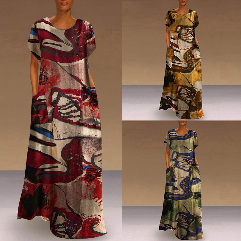 Summer new European and American creative printed dress round neck long casual short sleeve dress plus size pocket women's clothing