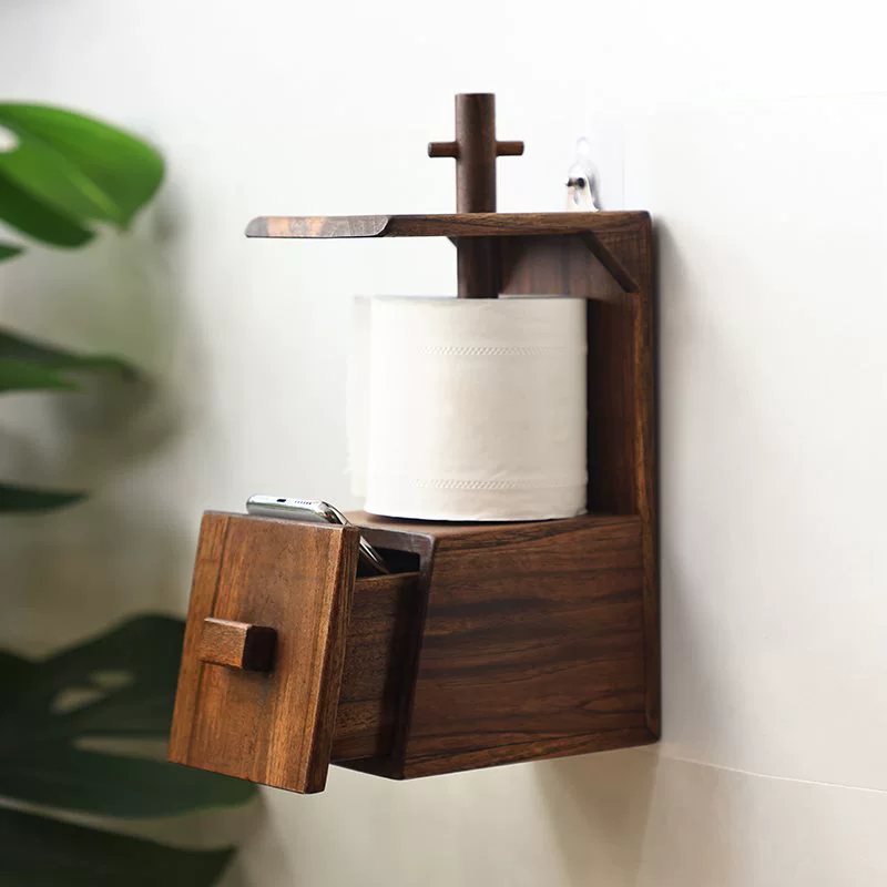 Thai Solid Wood Retro Wall-Mounted Roll Paper Holder, Creative Bathroom Tissue Box & Storage Rack