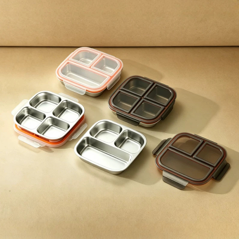 Cross-Border 304 Stainless Steel Compartmentalized Lunch Box, Sealed Container for Portion Control, Specialized for Weight Loss, Suitable for Microwave Heating at Work