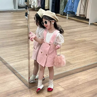 2024女童夏甜美可爱粉色彩点背带短裙+泡泡纱袖T恤公主上衣分开拍