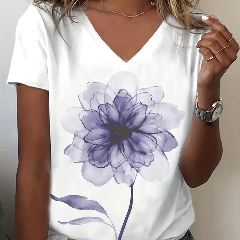 Women's V-Neck Plus-Size Short-Sleeve T-Shirt, New Trendy Loose T-Shirt, Wholesale from Factory, Cheap Top